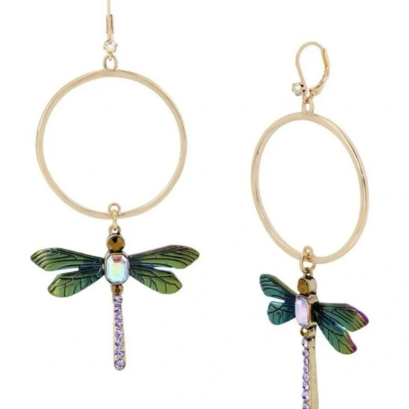 BETSEY JOHNSON SET Hoop Dragonfly Earrings & Matching Necklace AB Crystals NWT - Picture 12 of 13